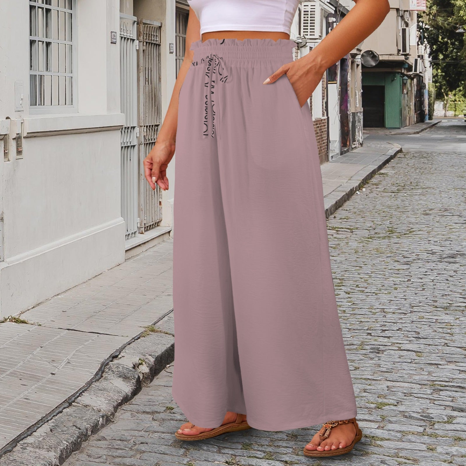 Msrise Msrise by: Msrise Elastic Waist Tether Pockets Wide Leg Pants