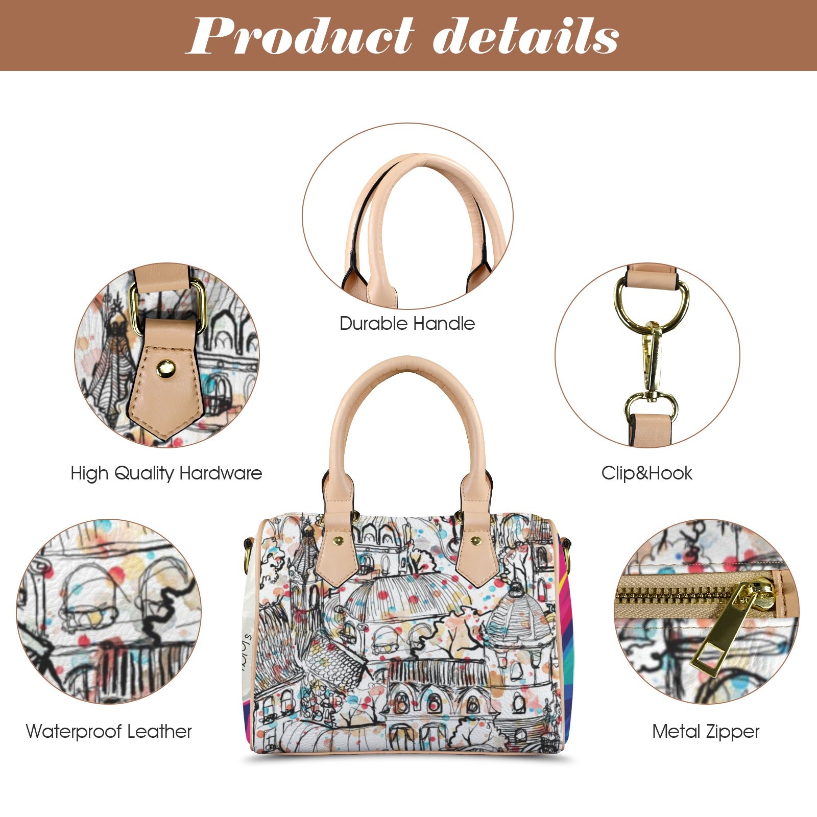 MDM's Drip Boston Leather Handbag-Khaki Handle